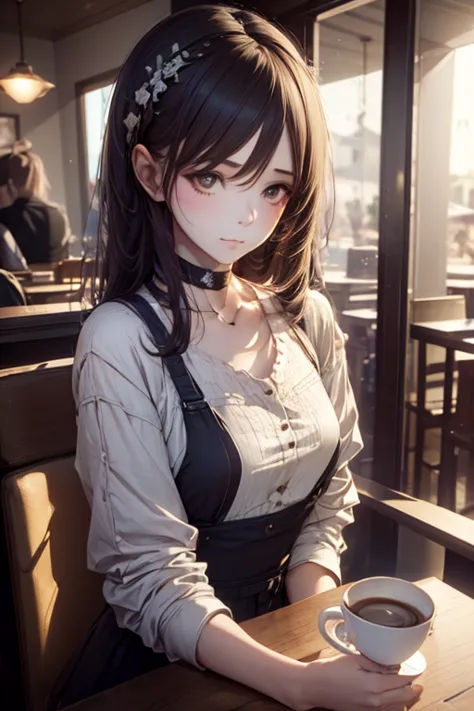 1girl, Wear casual clothes, choker, blush, coffee shop, beautiful detail eyes, realistic hands, (sitting having a coffee, full s...