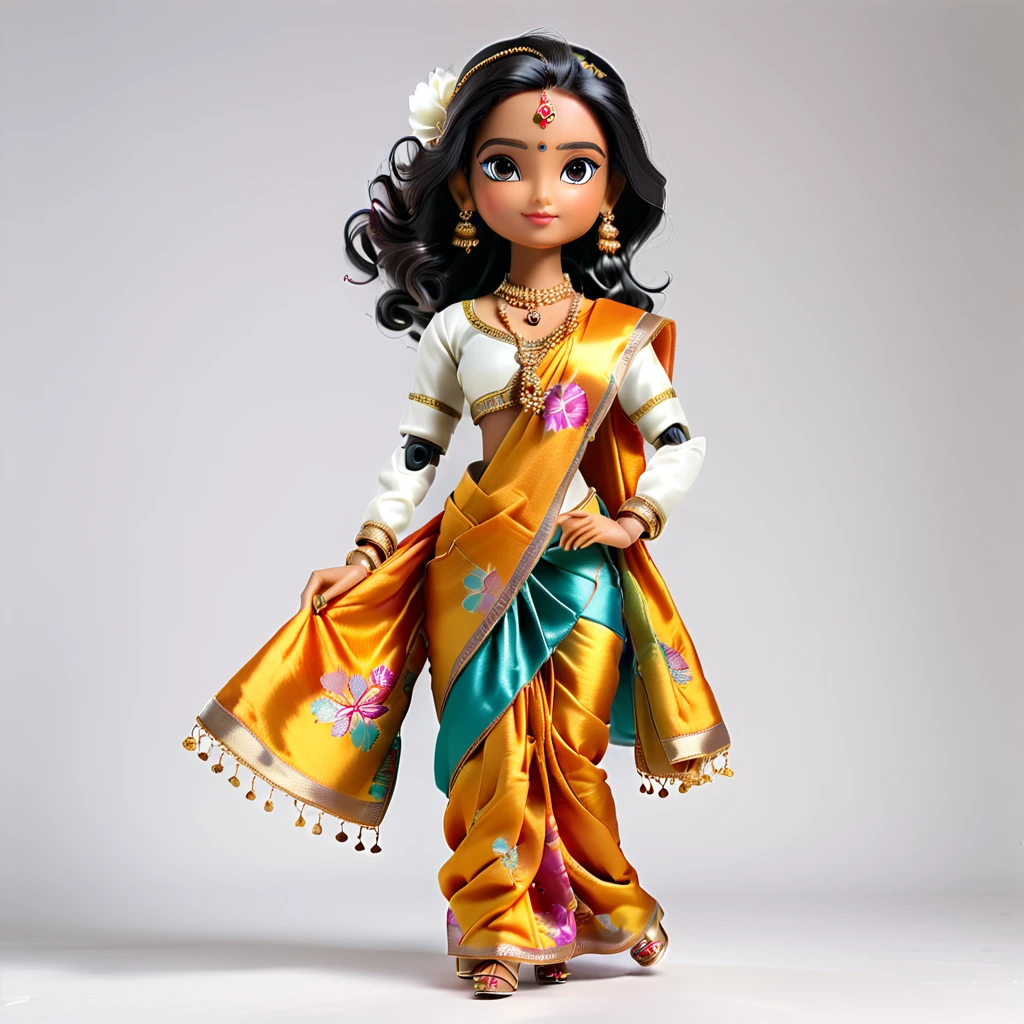 (Blind Box Spielzeug Stil:1.2), full body, solo, white background, (Beautiful Indian Models ,Stand on a round wooden base, white Jasmine Saree, high heels), (Oriental elements, Chinese color, Very colorful),3D