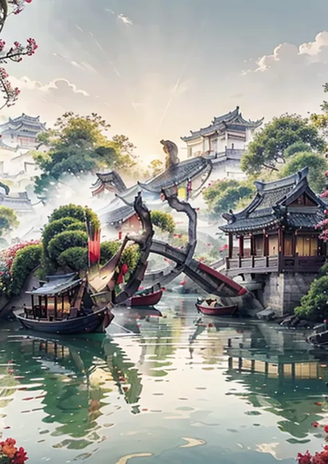 (best quality, hdr, practical:1.37), chinese ancient village with traditional houses, tall towers on the island, lush trees vibr...