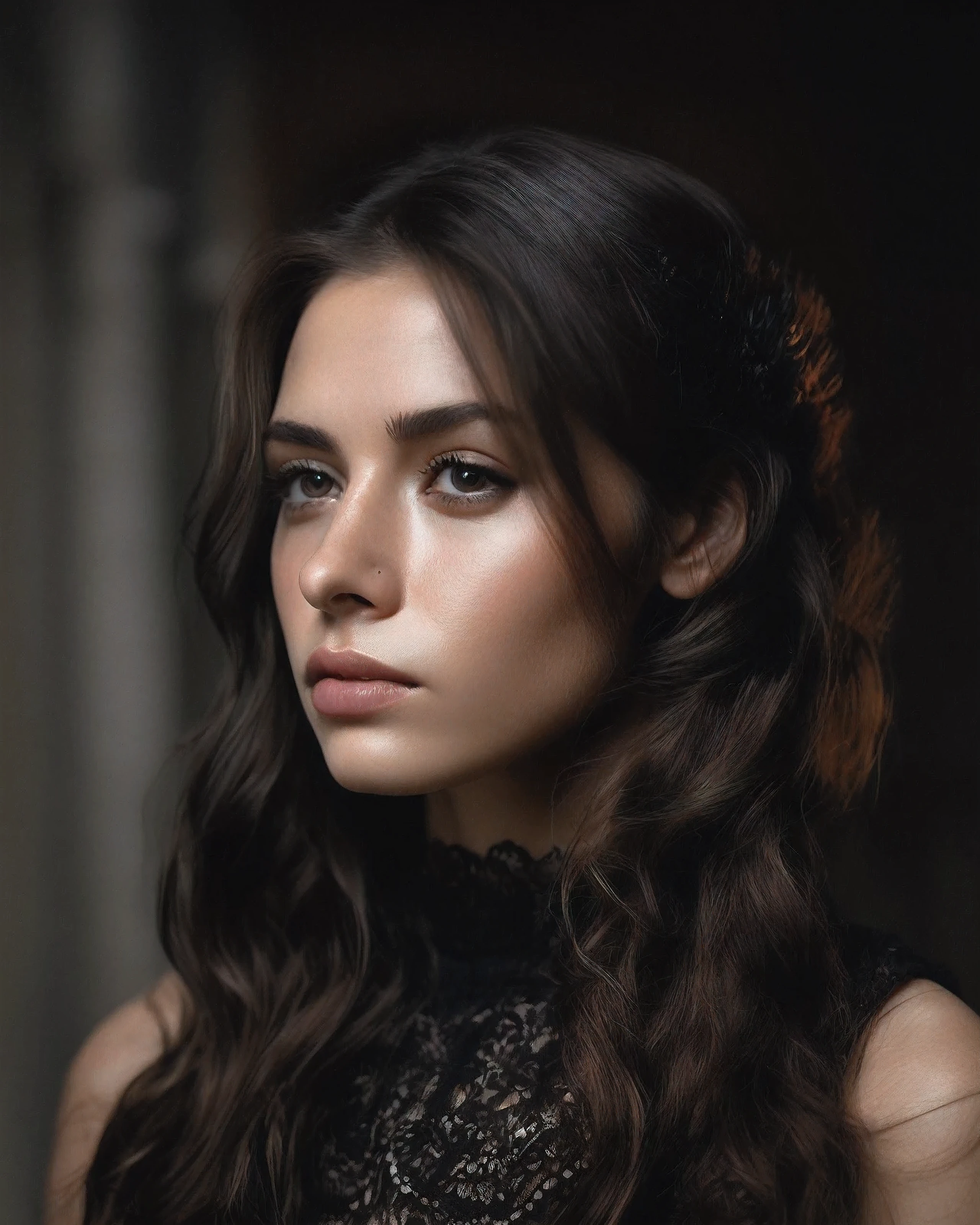 1girl, portrait, close up, dim, dark, night, dark background, (inside abandoned church, horror atmosphere, noir style, dramatic lighting, muted colors, low key), long hair, gothic dress, dark makeup, dusty clothes,choker, red and black, sarahshahi,  ((sharp face, detailed face, realistic face, naturtal skin, realistic skin, detailed skin, pores, sharp eyes, detailed eyes,realistic eyes)),, (masterpiece, best quality, ultra-detailed, best shadow), high contrast, (best illumination), ((cinematic light)), colorful, hyper detail, dramatic light, intricate details, (1 girl, solo) , ultra detailed artistic photography, dreamy, backlit, shadows, ultra high definition, 8k, ultra sharp focus, ultra high quality model, soft lighting, film photography, analogue photography, hyperrealism,