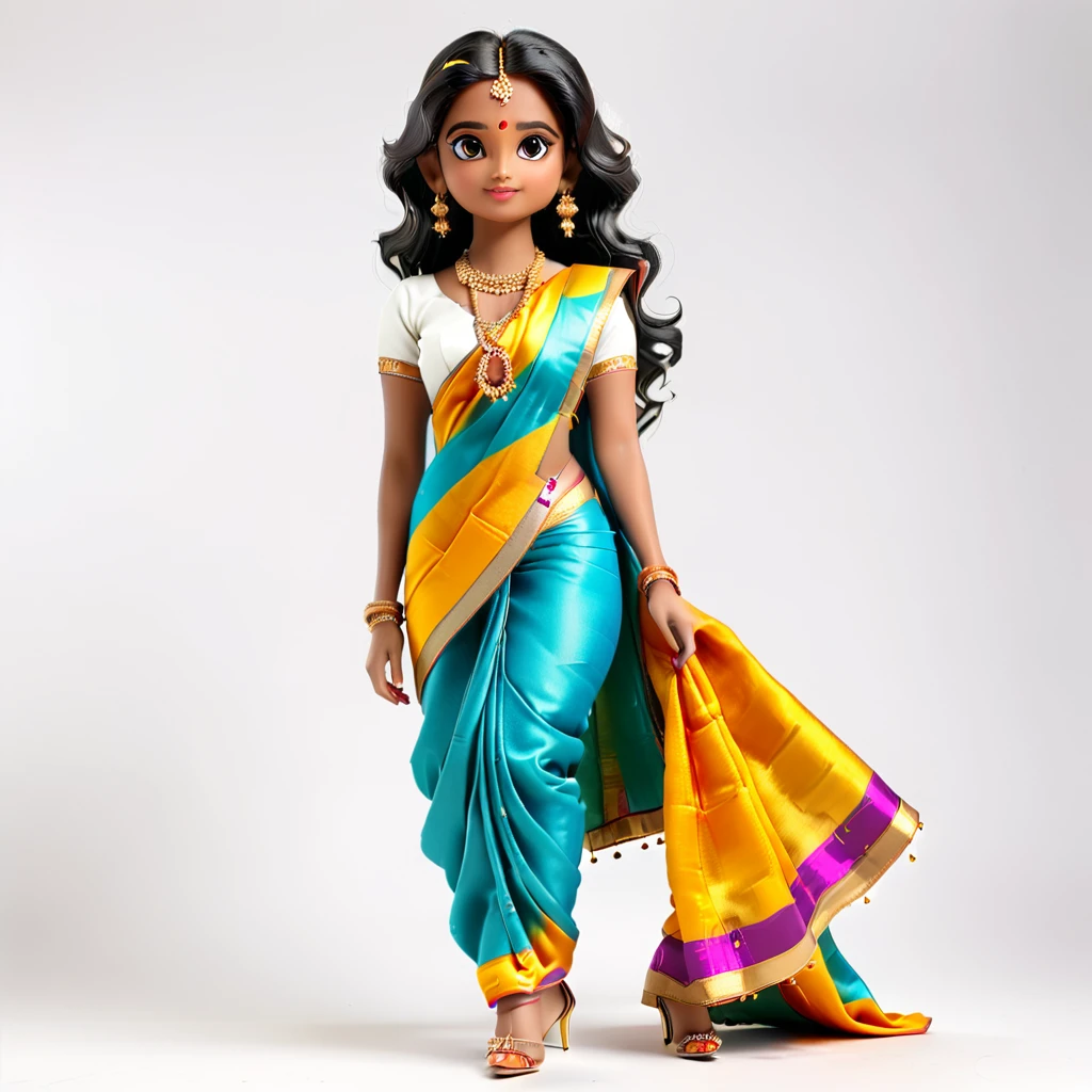 (Blind Box Spielzeug Stil:1.2), full body, solo, white background, (Beautiful Indian Models ,Stand on a round wooden base, white Jasmine Saree, high heels), (Oriental elements, Chinese color, Very colorful),3D