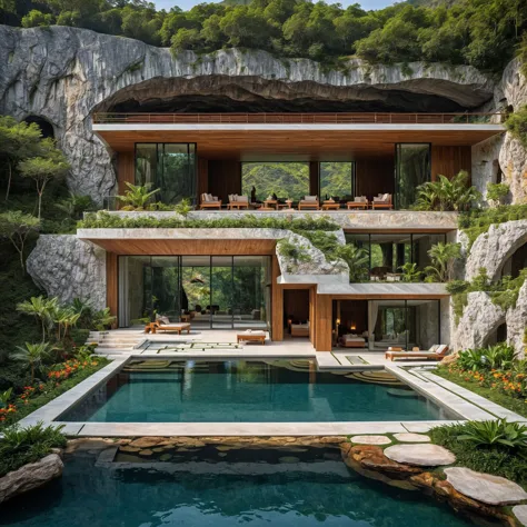 there is a pool with a waterfall and a house in the background, cozy bathhouse hidden in a cave, mix with rivendell architecture...