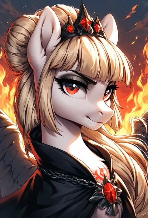 score_9, score_8_up, score_7_up, score_6_up, score_5_up, score_4_up, Lucifer Morningstar, MLP, black fur, firey hair, red eyes, death tattoo, black cloak, clockdesolate landscape, fire in the background, post-apocalyptic scene, only one pony, solo scene