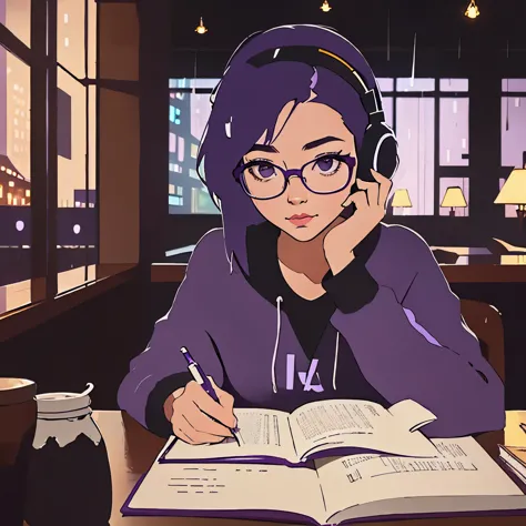 night,girl with (purple hair),studying,cafe coffee shop,raining, rains outside,headphones,cozy,city ambiance,books,notebook,pen,...