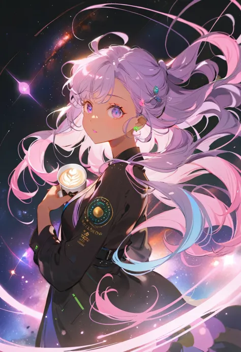 future girl, dark skin, purple eyes, space, purple hair, blue hair, pink hair, long hair, dark skin, futuristic coffee shop