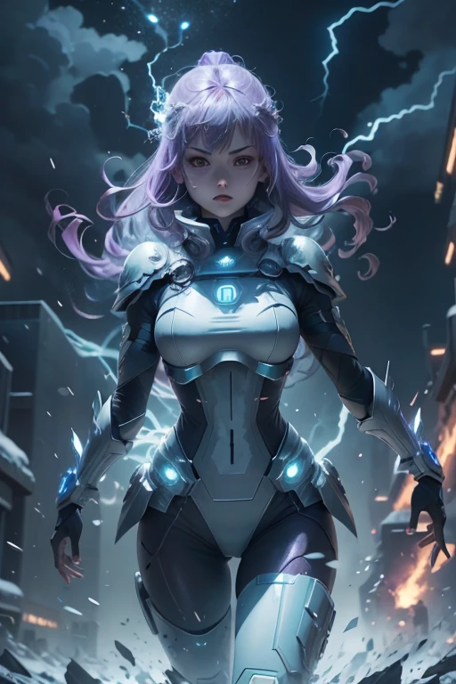 Epic anime style, Purple lightning, Evil temperament, 20-year-old armored assassin, glowing black aura, Armor supervisor, Beautuful Women。Facial, Brilliant and majestic. Beautiful standard fuselage and complete fuselage structure. Full body shot of a woman holding a lightning bolt in her hand, Epic anime about purple energy people, In a combat stance, Brunette hair and glowing eyes look at the audience. Cool and cute Jane Delo, menacing look, Hinata Toro of Gintama, Inspired by Masanobu Okumura, The originator of the anime art style, nobutaka ike, Night battles raged behind her. Maximum image quality 8K, Details everything 8K., closeup of face, s delicate face, exquisite facial features, UHD, masterpiece, super detail, high details, highres, best quality