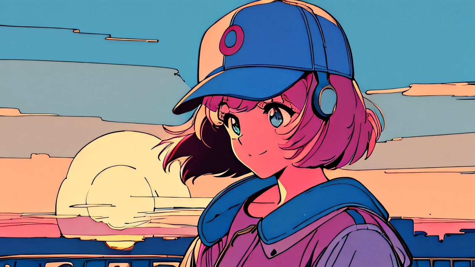 master piece, City Pop style, Pink Hair, fluffy bob cut, wearing headphones, shoulder length, alone, Futuristic, yet, lofi, retro, vintage, Ghost, light smile, baseball cap, sunset, beach, looking away