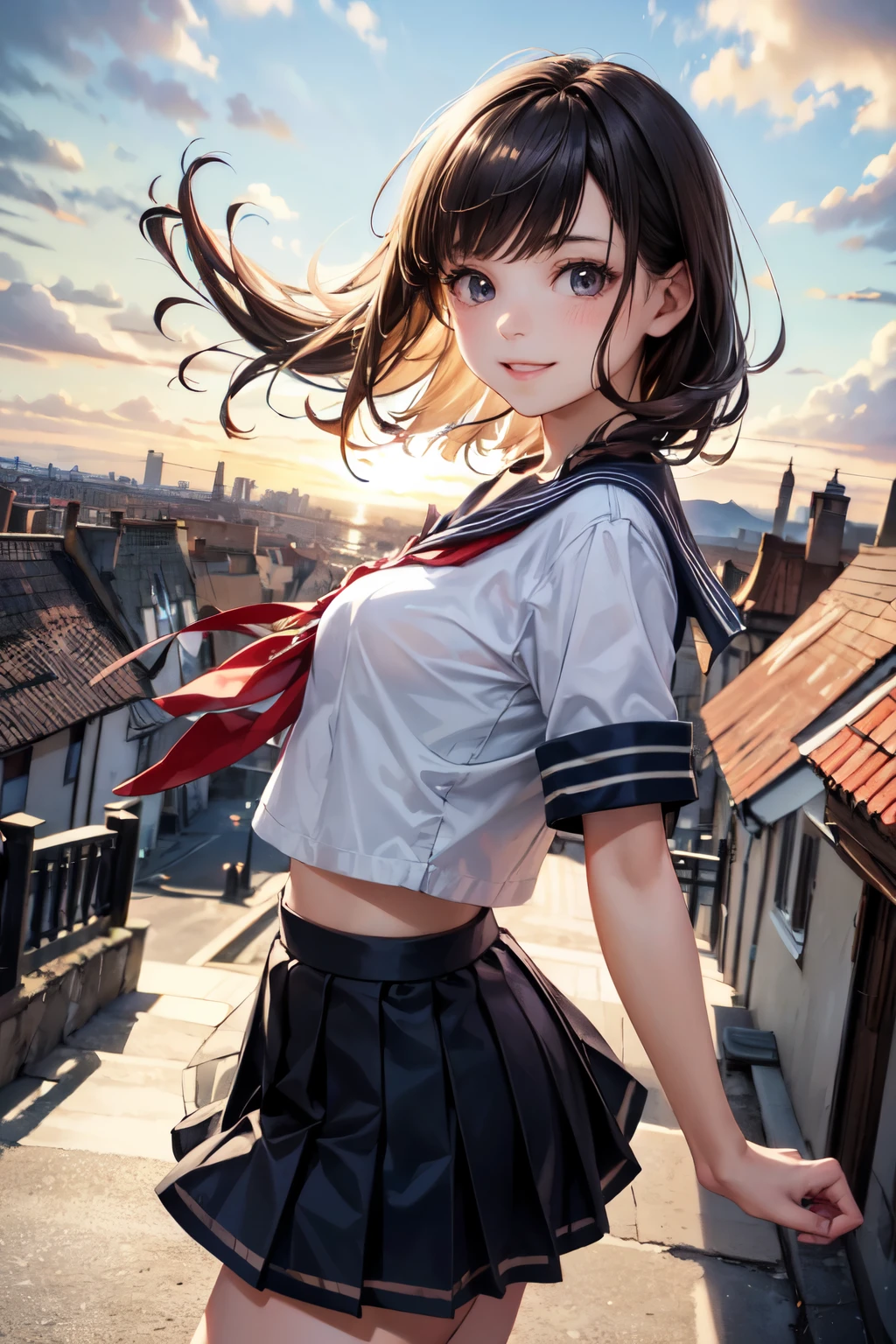 very cute and beautiful girl,teen,(highly detailed beautiful face),
(smile),black hair,(sailor ,pleated navy blue mini skirt),dynamic pose,looking at viewer,
many european houses with red roof,(town overview),
(best quality,masterpiece),absurdres,highres,ultra-detailed,extremely detailed,32k,8k resolution,
intricate details,cinematic scene,detailed background,solo,dynamic angle,
hair fluttering in the wind,beautiful detailed sky,realistic,