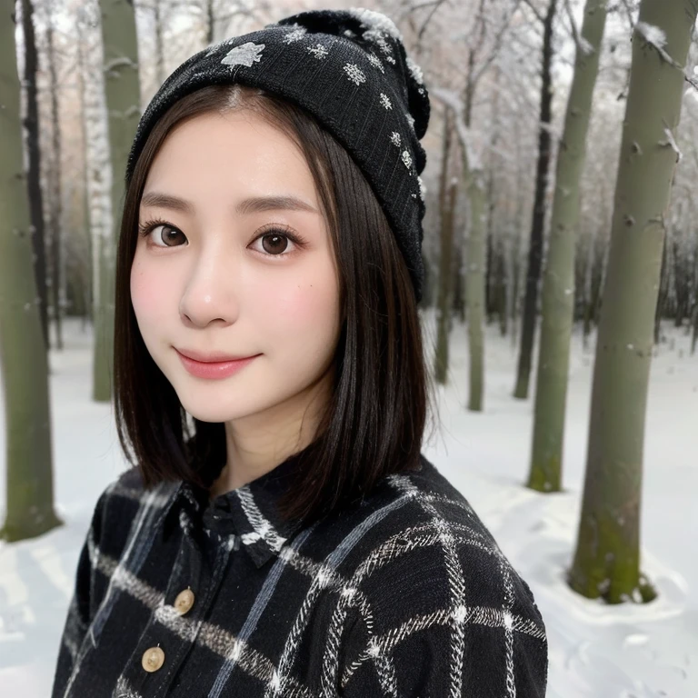 (kawaii 24 year-old Japanese girl, Nogizaka idol, Korean idol), (glossy black hair, short bob, even and symmetric hair design:1.3), (deep black eyes, rounded face, single eyelid, no makeup, soft smiling:1.2), (wearing longsleeved flannel shirt, knitted beanie:1.3), (extra small breasts:0.9), (looking at camera:1.2), BREAK, (snowy winter forest background:1.3), (upper body shot, view from below:1.3), BREAK, (masterpiece, best quality, photo realistic, official art:1.4), (UHD, 8K quality wallpaper, high resolution, raw photo, golden ratio:1.3), (shiny skin), professional lighting, physically based rendering, award winning, (highly detailed skin, extremely detailed face and eyes), Carl Zeiss 85 mm F/1.4, depth of field, 1girl, solo,