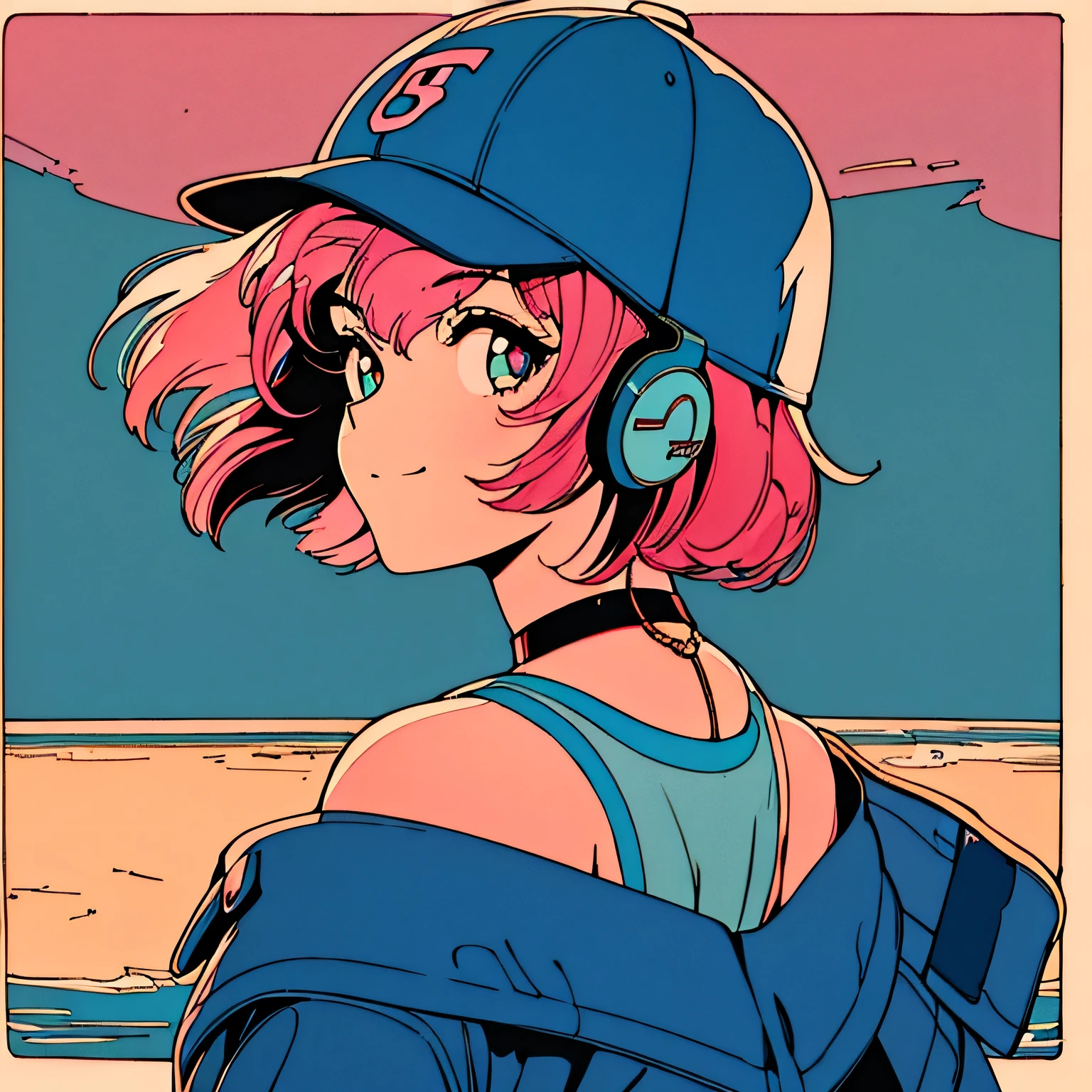 master piece, City Pop style, Pink Hair, fluffy bob cut, wearing headphones, shoulder length, alone, Futuristic, yet, lofi, retro, vintage, Ghost, light smile, baseball cap, sunset, beach, looking away, back shot