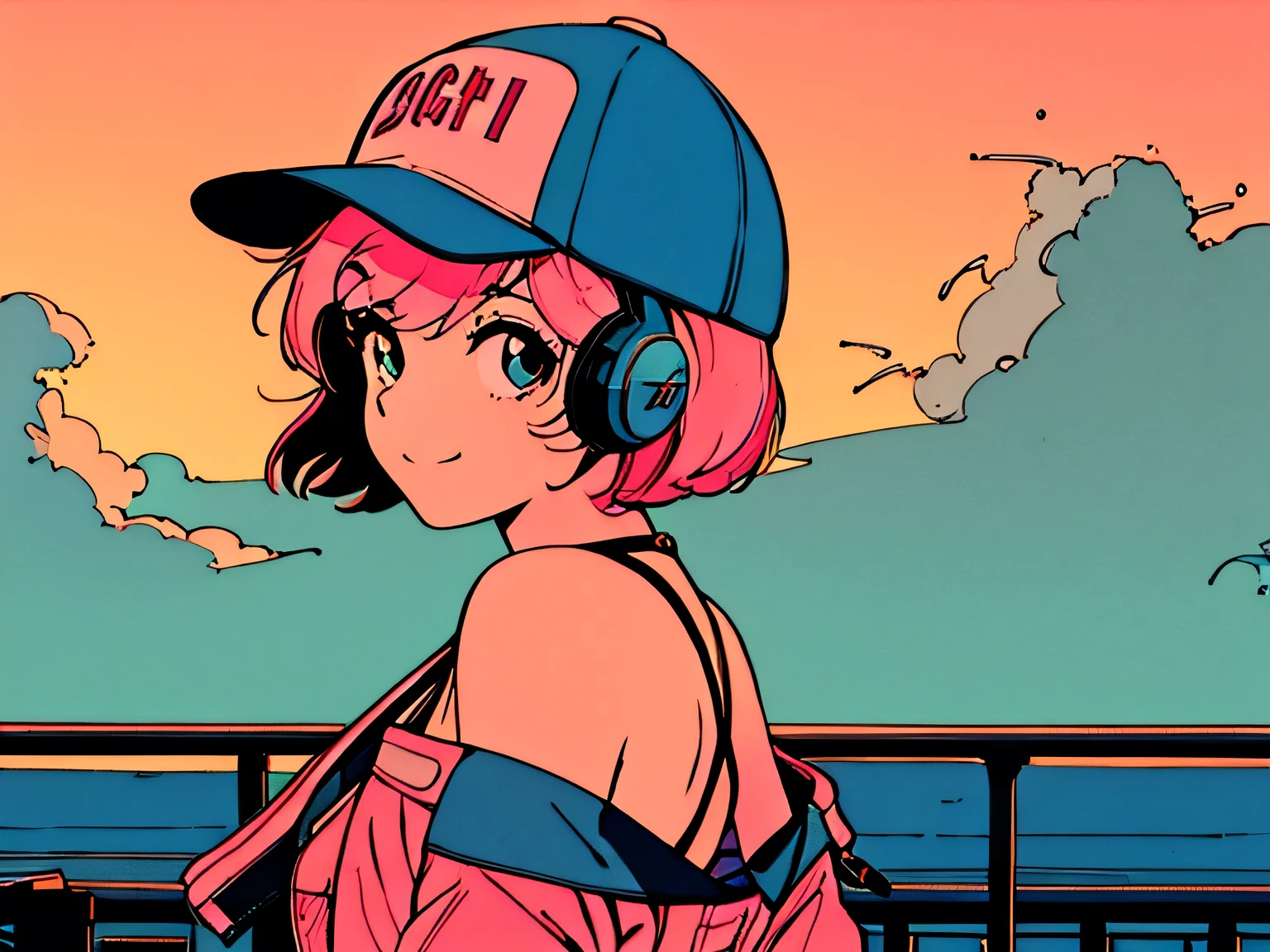 master piece, City Pop style, Pink Hair, fluffy bob cut, wearing headphones, shoulder length, alone, Futuristic, yet, lofi, retro, vintage, Ghost, light smile, baseball cap, sunset, beach, back shot