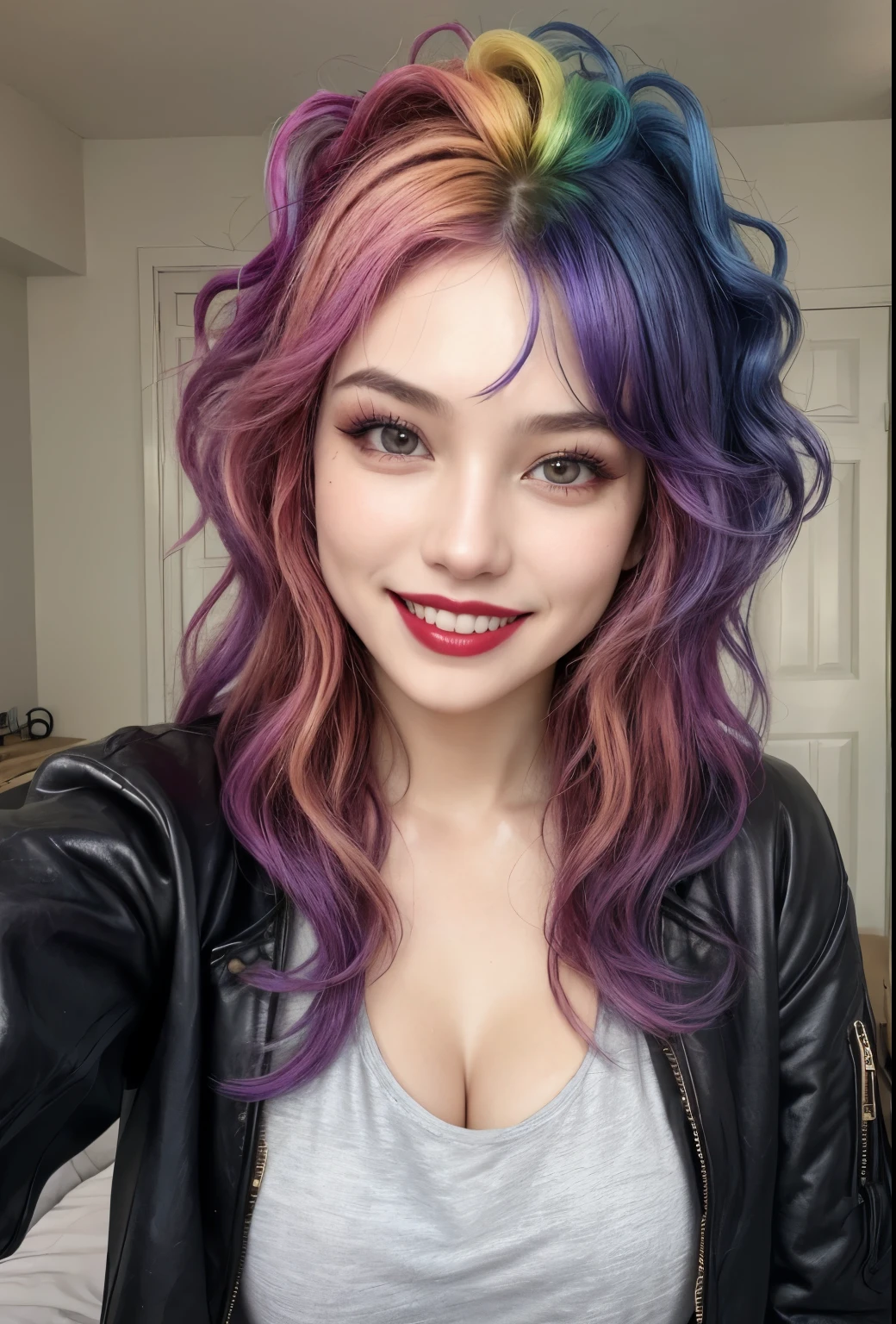 1girl, bedroom, messy hair, rainbow hair, alternative, glam rock hairstyle and clothes, glam rock makeup, smile, lipstick, indoors, teeth, big breasts, jacket, selfie