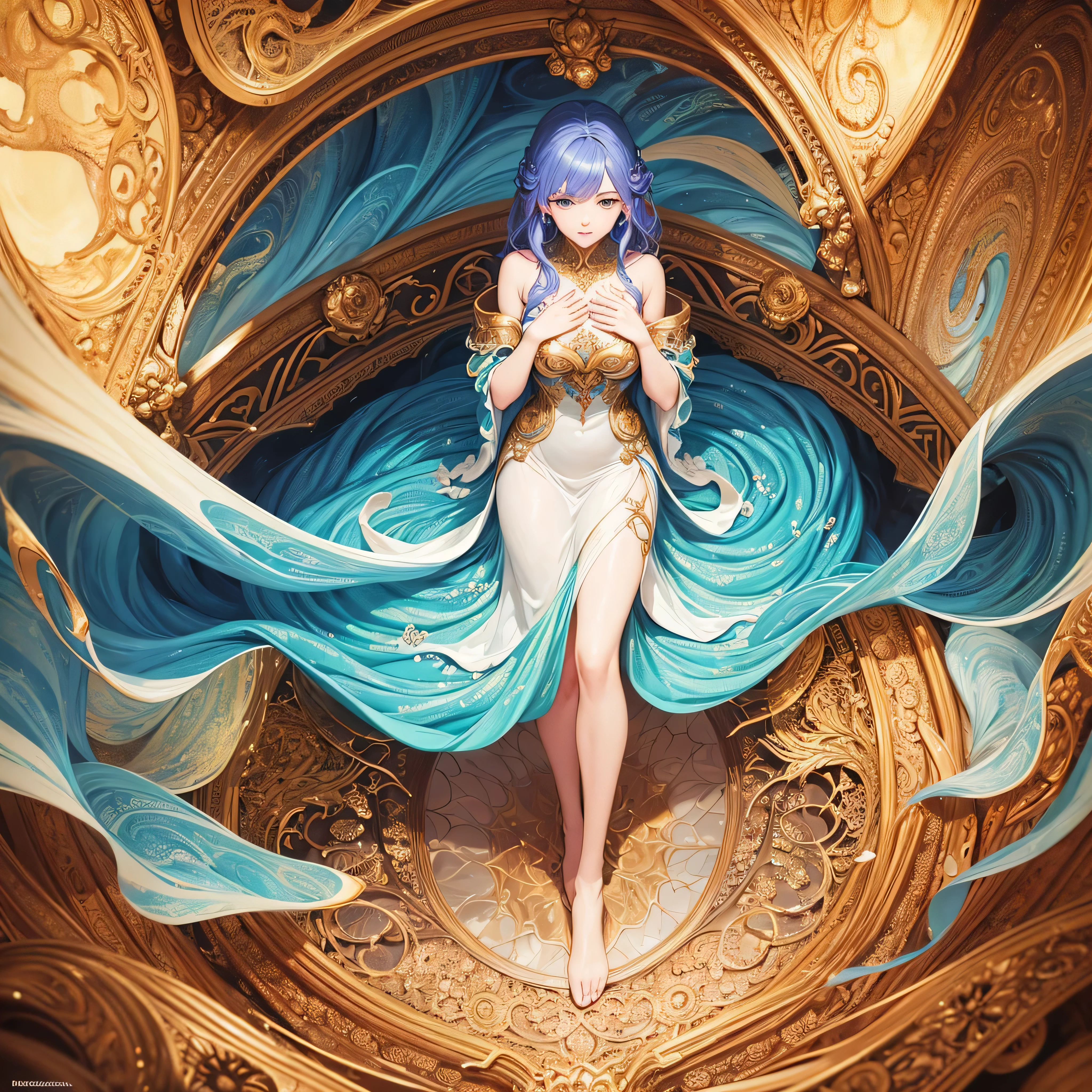 painting of a woman in a dress with a swirly background, a detailed painting inspired by Rebecca Guay, shutterstock contest winner, fantasy art, intricate oil painting artwork, softly swirling magical energy, beautiful gorgeous digital art, fantasy woman, a beautiful artwork illustration, beautiful intricate oil painting, beautiful art uhd 4 k, swirling magical energy, intricate beautiful painting, three sided view, Conceptual art, depth of field, reflection light, from above, highres, super detail, best quality, 8k