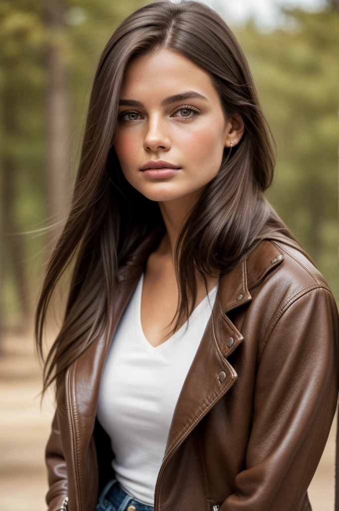 Editorial Photography 2000's style, a gorgeous girl with long dark brown hair. Hazelnut brown leather jacket, Jeans, sunglasses, medium Term. The air is clear, calm and quiet ambient, detailed soft pale skin. 35 mm. (nikon d850)​, realistic skin texture, atractive features, dream beauty, ethereal beauty, angelical face.