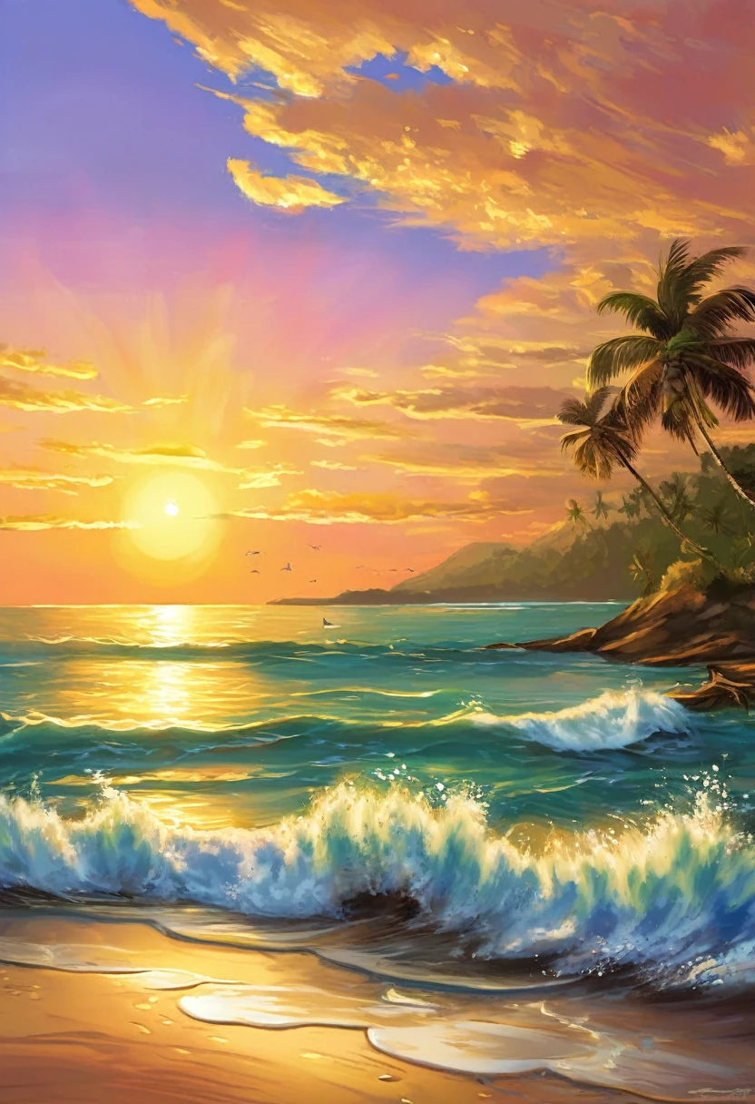 اصنع منظرًا للشاطئ مع شروق الشمس مما يعطي الآمال أن شروق الشمس كان له لمعان بني ذهبي، مما يجعل النمط الفني يبدو وكأنه رسم على القماش