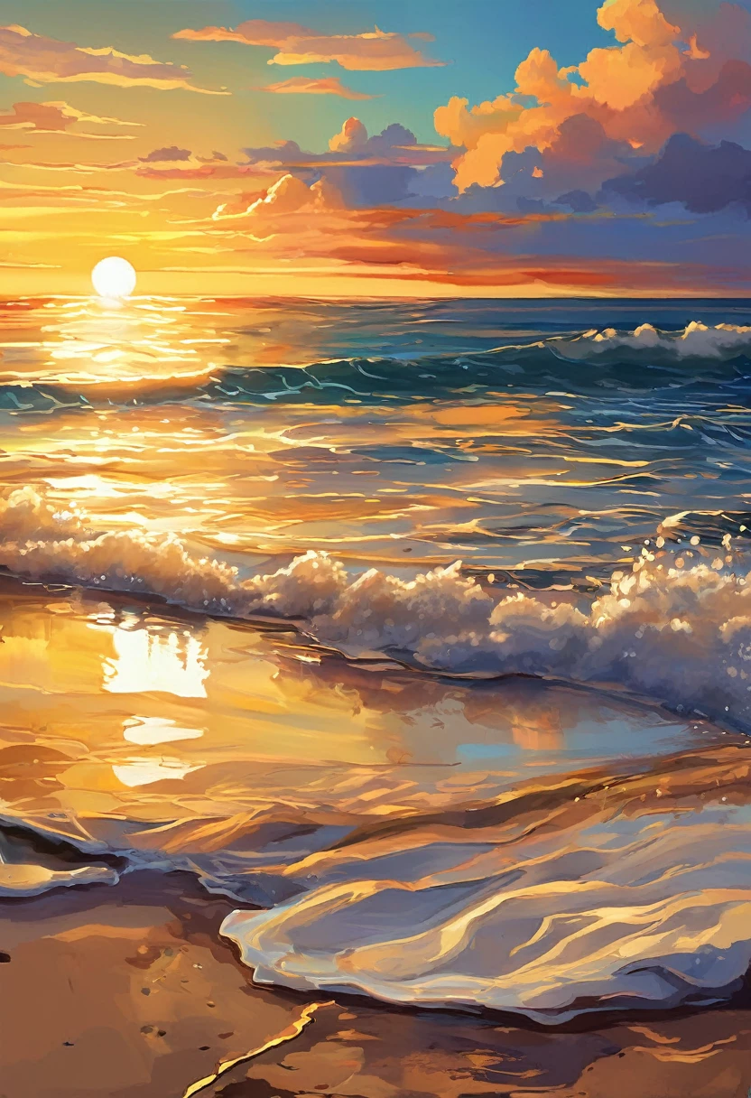 hacer una vista de la playa que tuviera un amanecer que diera esperanzas el amanecer tenía un brillo marrón dorado hacer que el estilo artístico pareciera un dibujo sobre lienzo