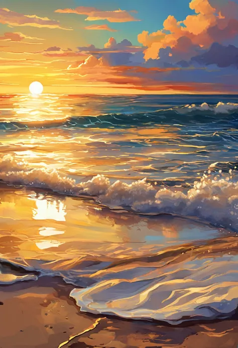make a beach view that had sunrise that giving hopes the sunrise had golden brown  shine make the artstyle look like draw on can...