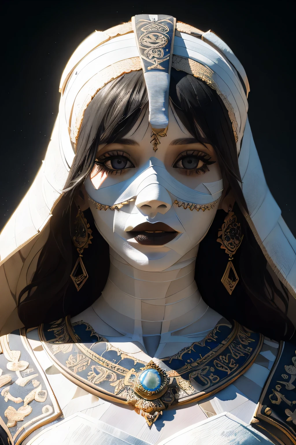 dark creepy background, ((mummy)), ((( fully coved in all white bandages))) ruby, long wavy hair, scenic, cute, adorable, pretty, 8k resolution concept art portrait, dynamic lighting hyperdetailed intricately detailed Splash art trending on Artstation, triadic colors, Unreal Engine 5, volumetric lighting, gothic, high resolution, Close up portrait, ambient light, Nikon 15mm f/1.8G, Egyptian mummy, glamour, intricate and detailed environment, laces, stains, watercolor dark background, Masterpiece, ornate, depth, (((mummification )))