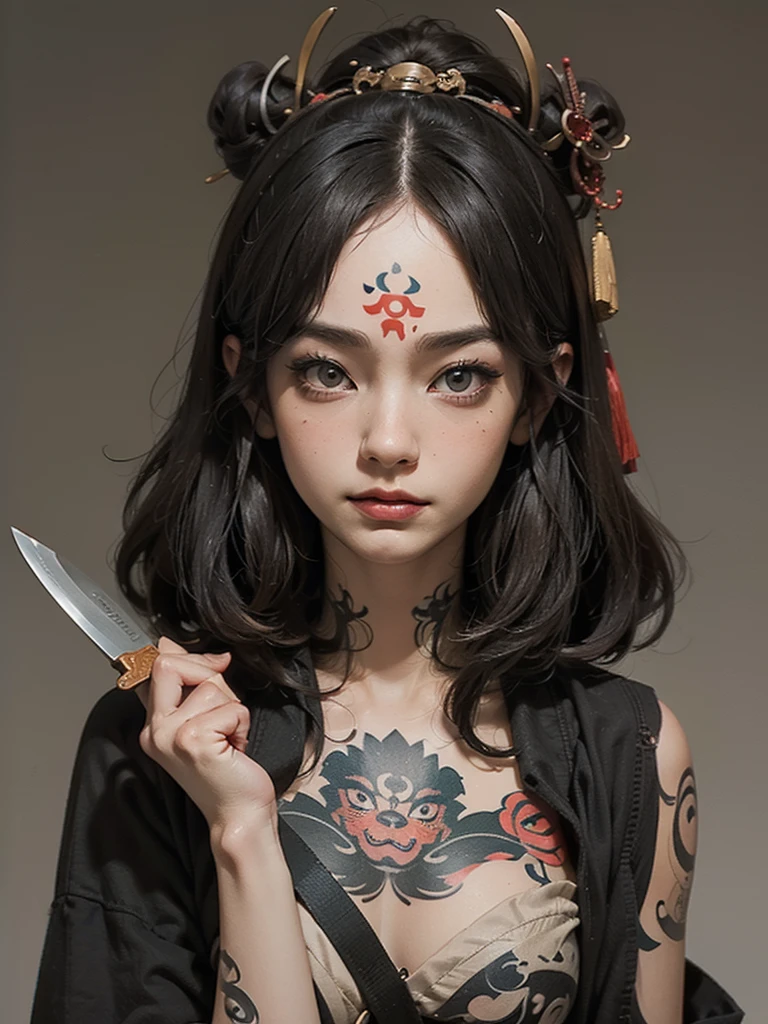 Professional drawing with colored pencils. A heavily tattooed geisha, With a strange expression and a large knife in his hand. Japan and European style. Moderate nuance color, Contrasting colors. Some doodle style and vector art. ((Best Quality))
