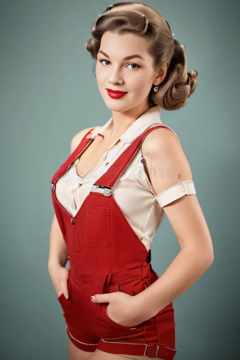 Ultra high resolution full body woman,(((Full length))), ((full body))
(((A woman in a repairman's suit Worker's overalls with short shorts with a large neckline)), perfect young face, smiling, red lips, 
(((((Girl in 50s style with retro hairstyle)))))  l...