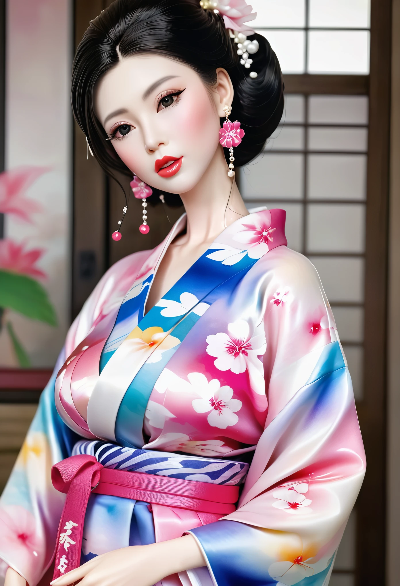 (masterpiece, best quality: 1.2),Barbie doll,，colloid， Sexy eyes，The expression of a kiss，Wet pink and white sexy lips， colloid皮肤，Slim body，earrings（（Watercolor pattern kimono）），full-body shot