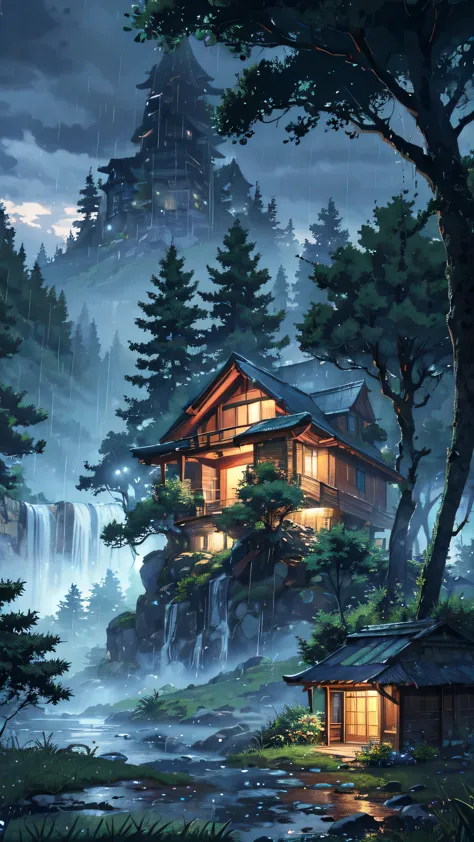 Anime rainy day scenery 
BREAK (masterpiece, best quality:1.2), outdoors, nature, forest, pines, grass, tall grass, detailed grass, plants,  cloudy sky, trees, wood house from distance, waterfalls, monsoon, evening, dark
