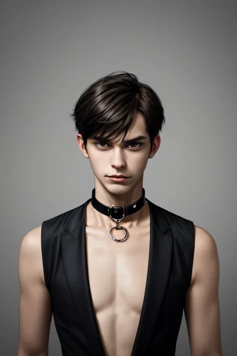 a submissive male wearing a collar on his neck as a symbolic gesture of his submission, facing straight towards the camera