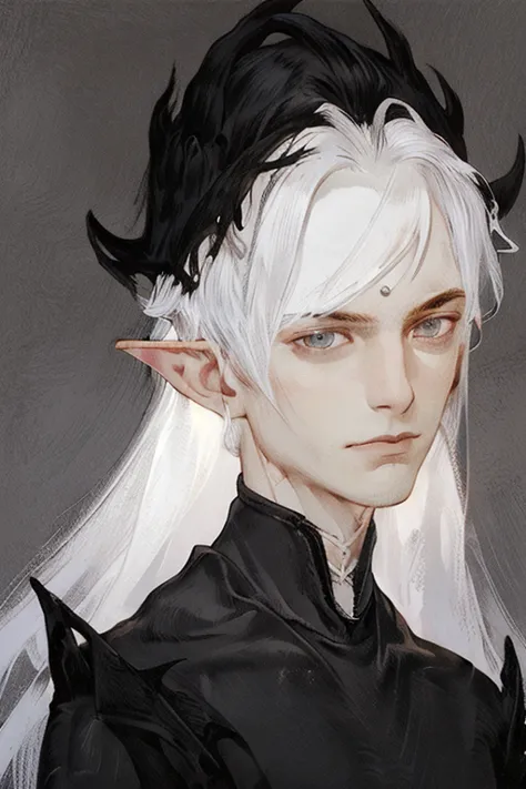 fenrisyes, one, 1 boy, male focus, pointed ears, realistic, elf, white hair, come back safe, portrait, black background, simple ...