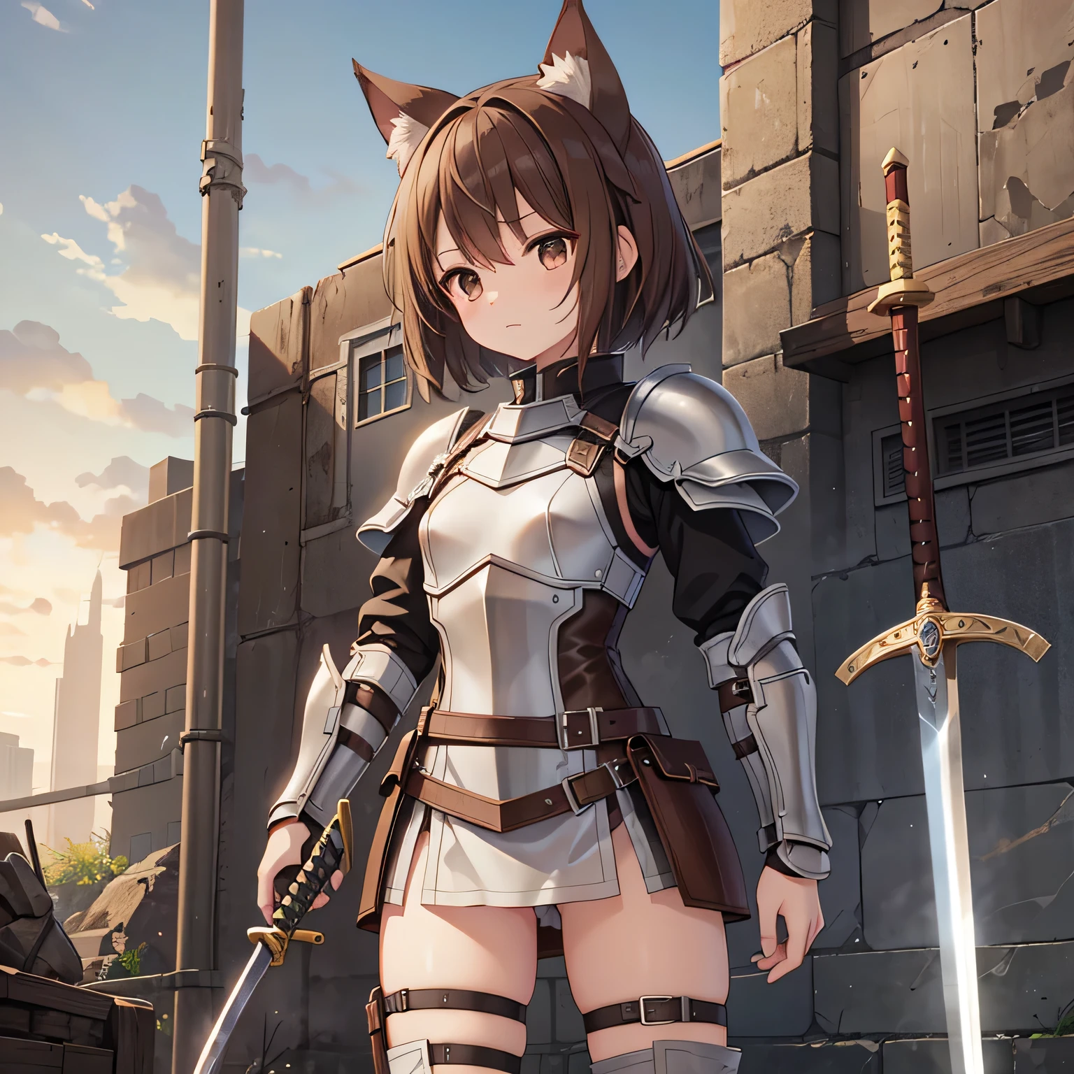 highest quality、、Small breasts、Dog ears、Brown hair short、Brown eyes、leather armor、Shield in left hand、Sword in right hand、Standing on the wasteland