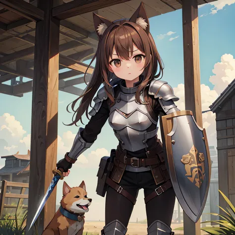 highest quality、、small breasts、dog ears、brown hair short、brown eyes、leather armor、shield in left hand、sword in right hand、standi...