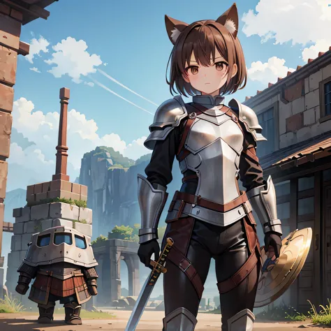 highest quality、、small breasts、dog ears、brown hair、short hair、brown eyes、leather armor、shield in left hand、sword in right hand、s...