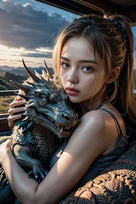 A 20-year-old woman and a giant dragon, A 20-year-old woman is wearing a mysterious dress, 20 year old woman with blonde hair, ,...