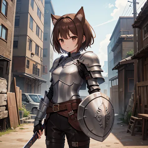 highest quality、、small breasts、dog ears、brown hair、short hair、brown eyes、leather armor、a large shield in his left hand、great swo...