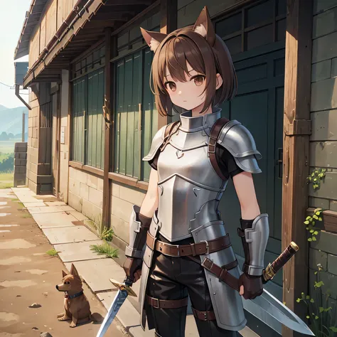 highest quality、、small breasts、dog ears、brown hair、short hair、brown eyes、leather armor、a large shield in his left hand、great swo...