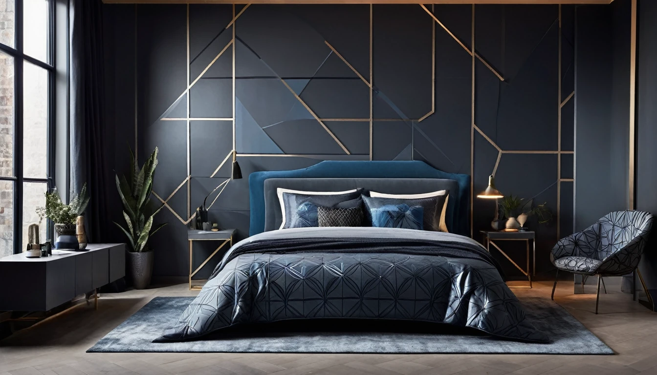 Create an uncluttered studio setting in charcoal gray tones, with curved walls and a few sections of bluish-metallic surfaces. Incorporate a few luminescent geometric lines and patterns to add contrast and depth.