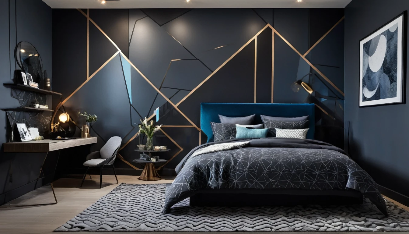 Create an uncluttered studio setting in charcoal gray tones, with curved walls and a few sections of bluish-metallic surfaces. Incorporate a few luminescent geometric lines and patterns to add contrast and depth.