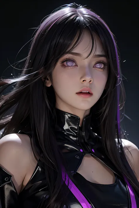 One female , bright purple eyes , "pupils glowing purple" , black hair , blonde highlights" , very_long_hair , big_breasts , wea...