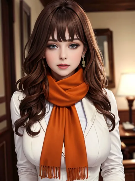Beautiful woman reporter brown hair wavy bangs orange scarf blue eyes firm body perfect breasts formal suit white shirt 