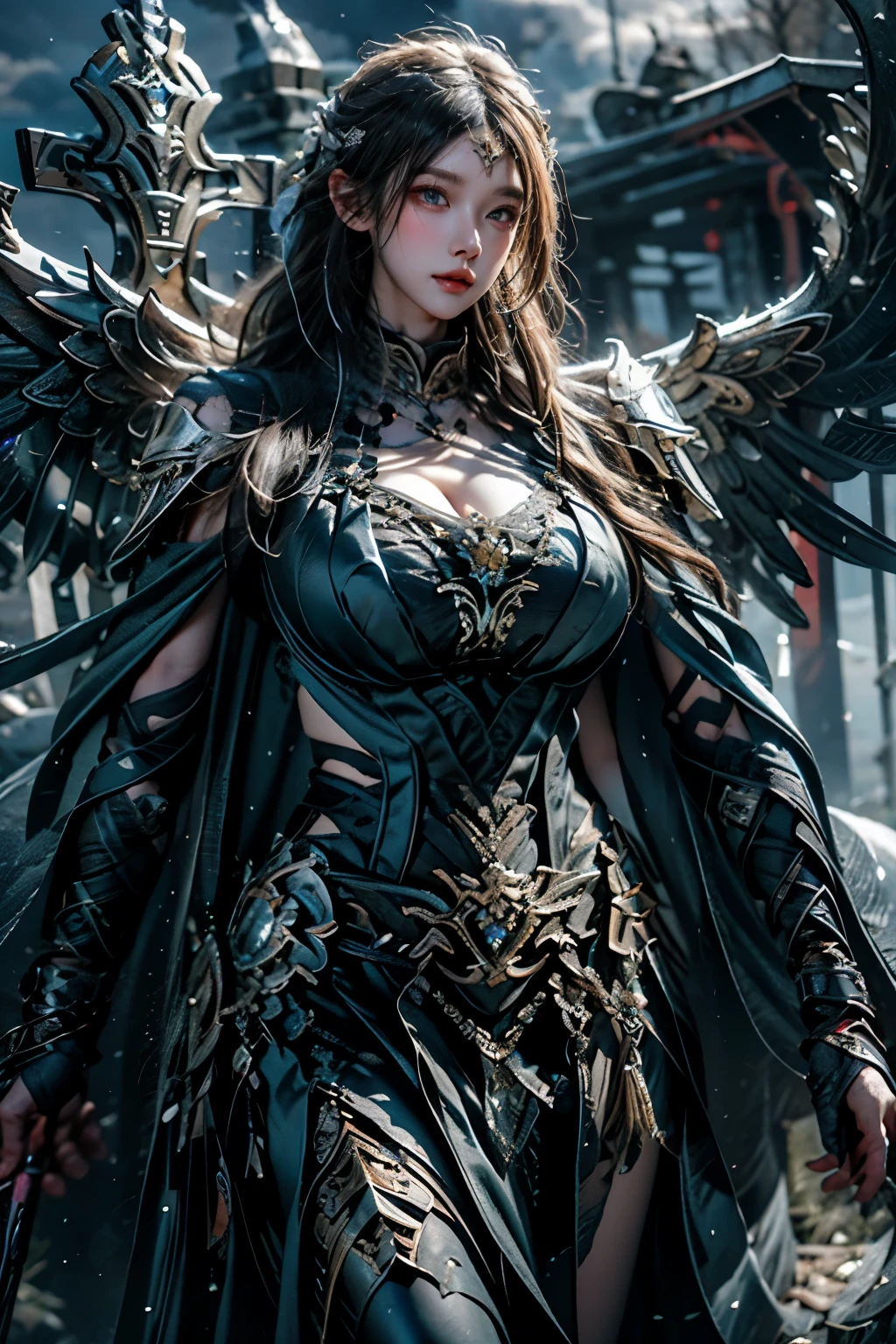 Expressiveh, ultra detailed, one valkyrie in gorgeous armor is holding a spear in hand, goddess, detaile and (pale:0.8) skin, beautiful face, curvy body and large (saggy:0.5) breasts, nipples, thighs, armoured dress, angel wings, looking at viewer, cloudy sky, holy light, light from clouds, fantasy theme,