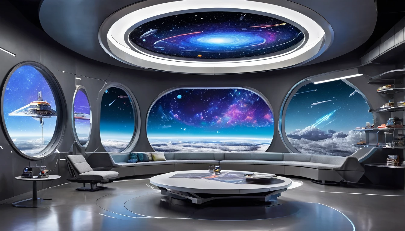 Imagine a futuristic space launch pad décor with brushed steel-gray walls, floating holoprojections of schematics and technical information, and a large bay window overlooking a brightly-colored abstract starscape.