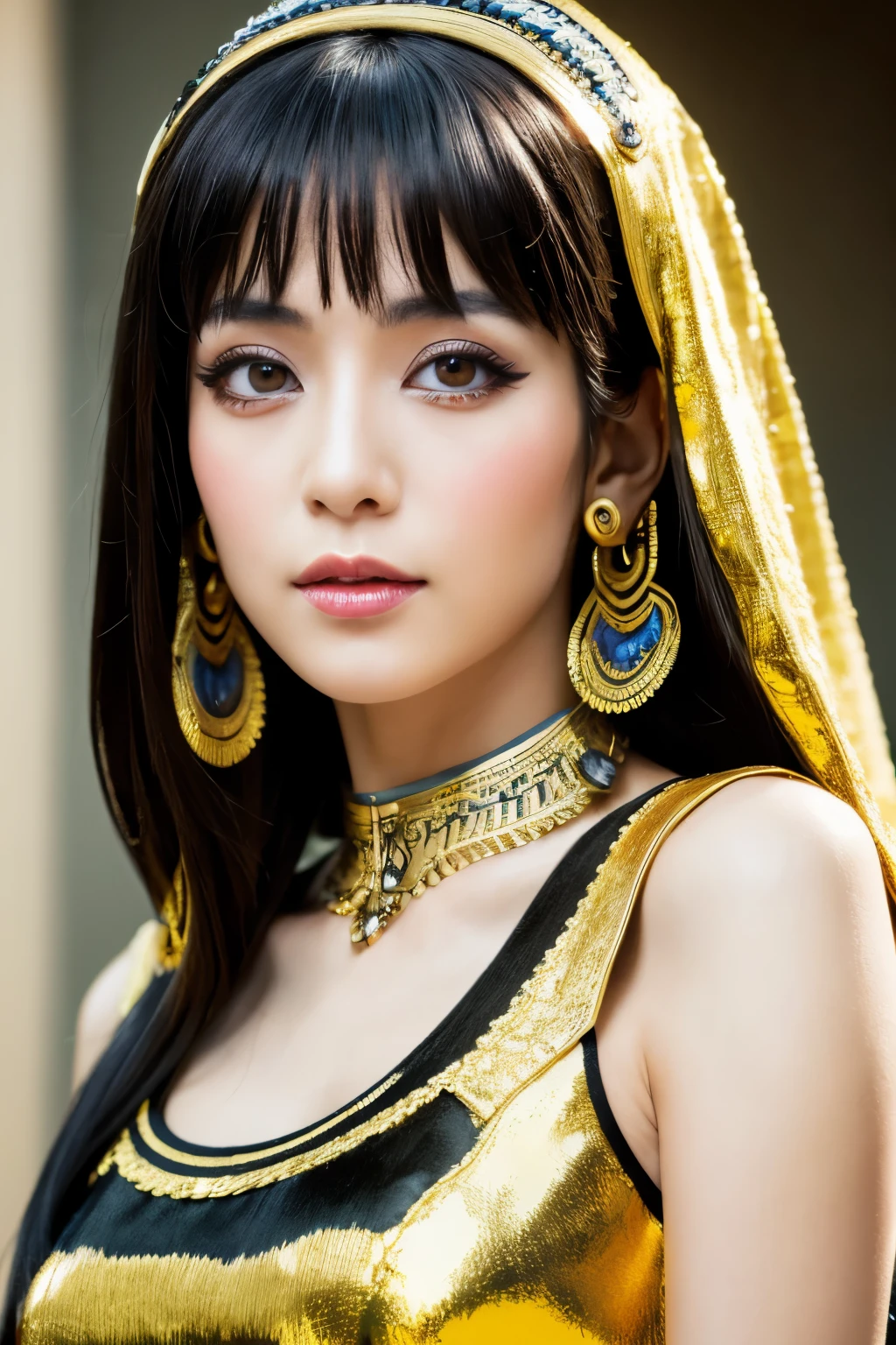 Masterpiece, high quality, high resolution, 8K, Skinny Japanese woman in a costume of Cleopatra, beautiful face, makeup of Cleopatra, detailed face, detailed eyes