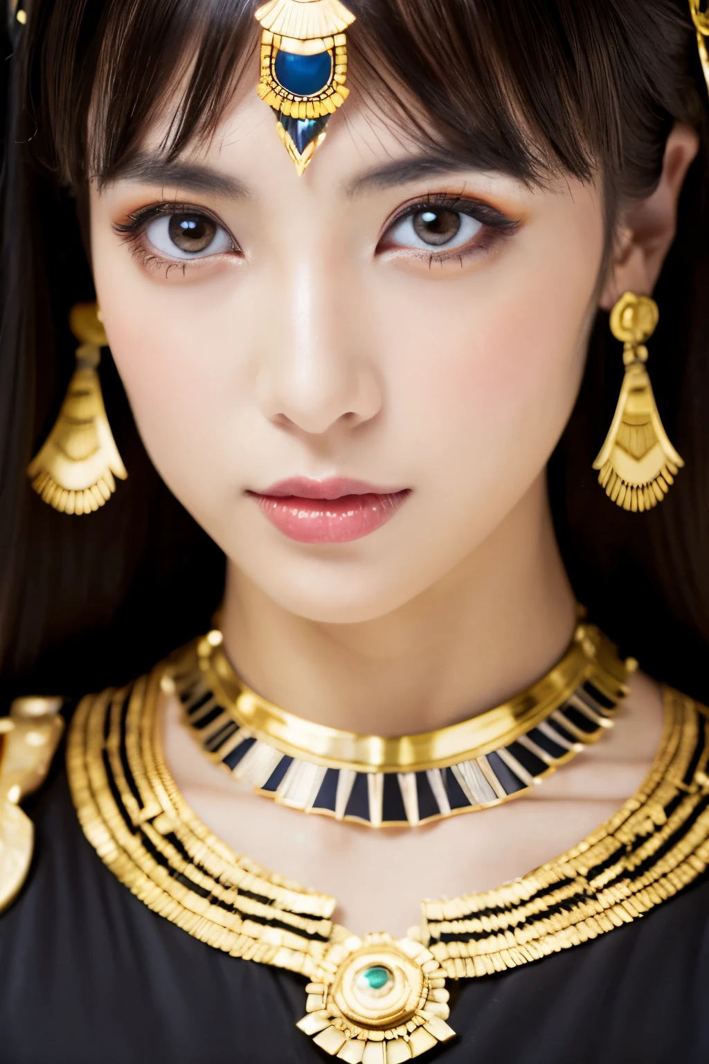 obra maestra, alta calidad, Alta resolución, 8K, Japonesa flaca disfrazada de Cleopatra, Hermoso rostro, maquillaje de cleopatra, cara detallada, ojos detallados