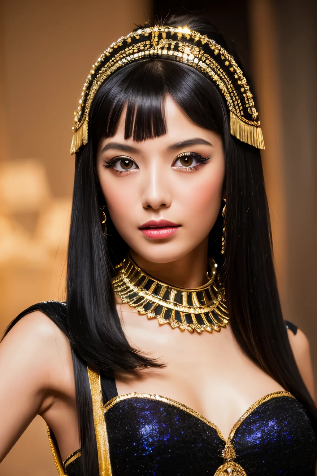 Obra maestra, alta calidad, alta resolución, 8k, Japonesa flaca disfrazada de Cleopatra, hermoso rostro, maquillaje de cleopatra, cara detallada, ojos detallados