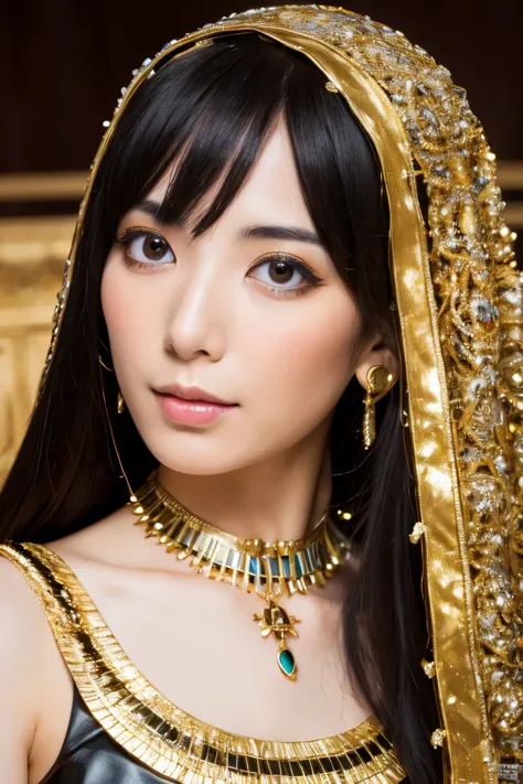 masterpiece, high quality, high resolution, 8k, skinny japanese woman in a costume of cleopatra, beautiful face, makeup of cleop...