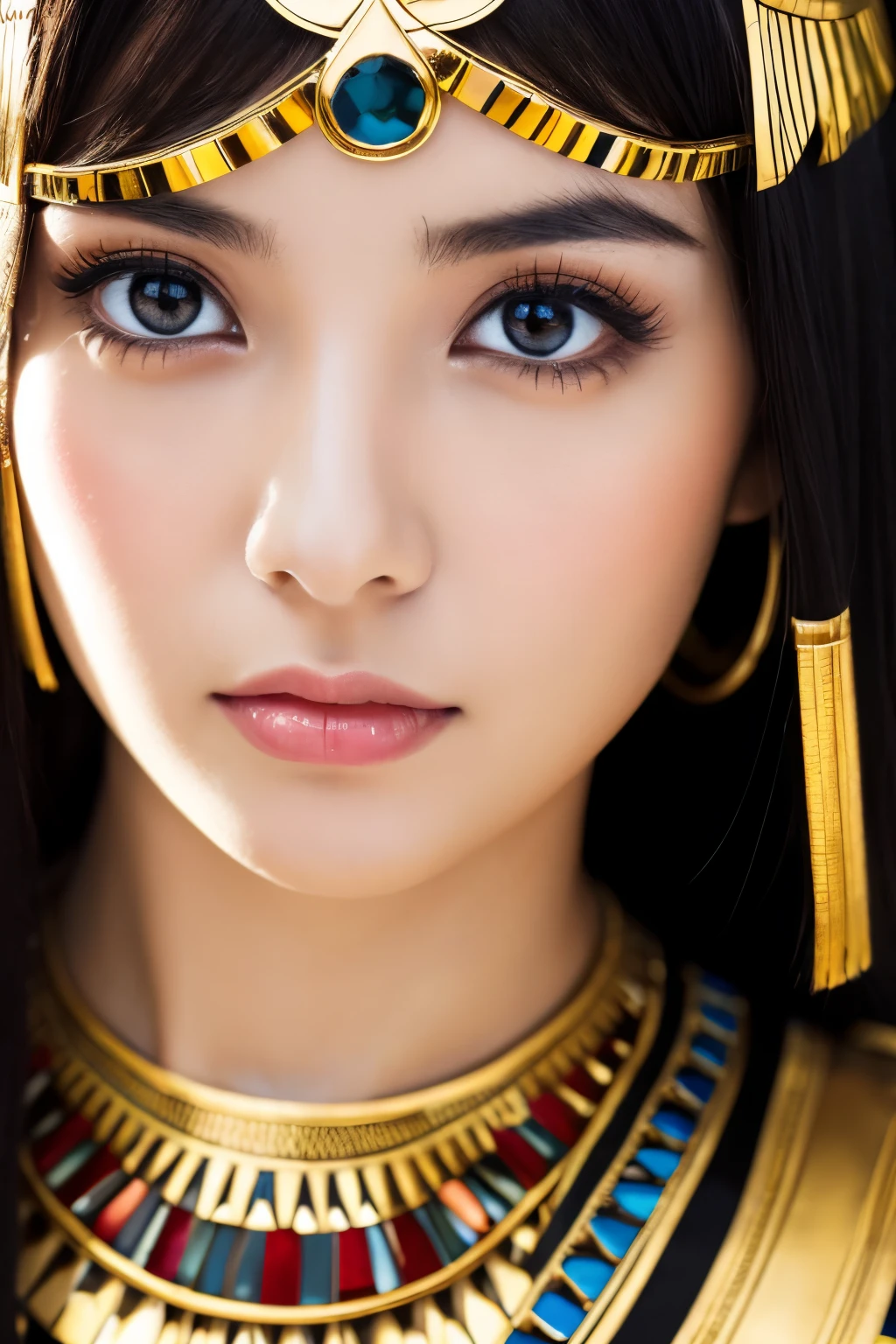 Obra maestra, alta calidad, Alta resolución, 8k, Japonesa flaca disfrazada de Cleopatra, hermoso rostro, maquillaje de cleopatra, cara detallada, ojos detallados