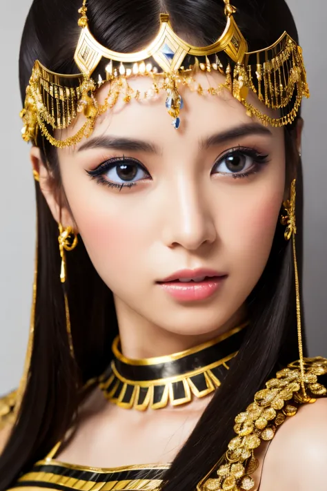 Masterpiece, high quality, high resolution, 8K, Skinny Japanese woman in a costume of Cleopatra, beautiful face, makeup of Cleop...