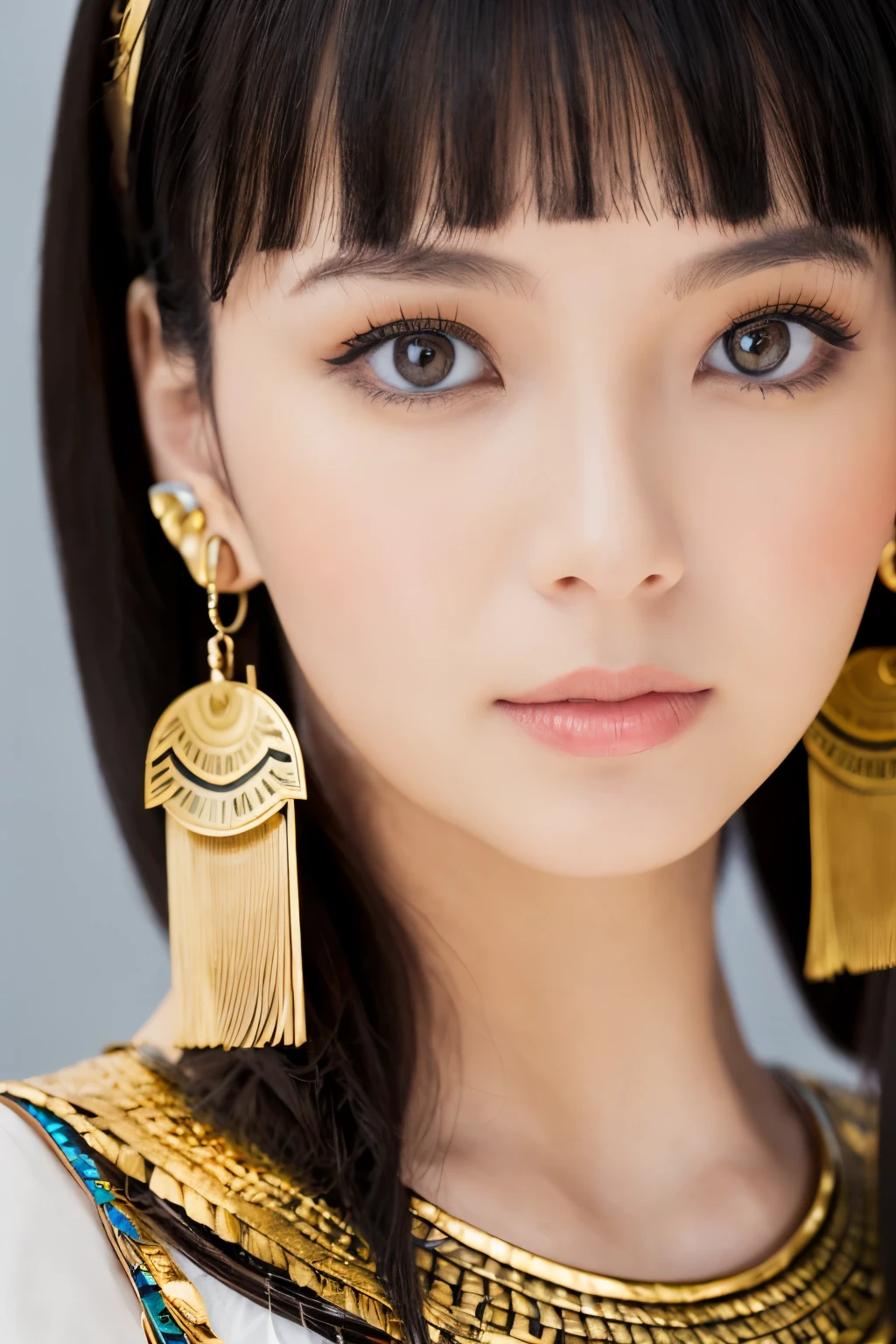 Masterpiece, high quality, high resolution, 8K, Skinny Japanese woman in a costume of Cleopatra, beautiful face, makeup of Cleopatra, detailed face, detailed eyes