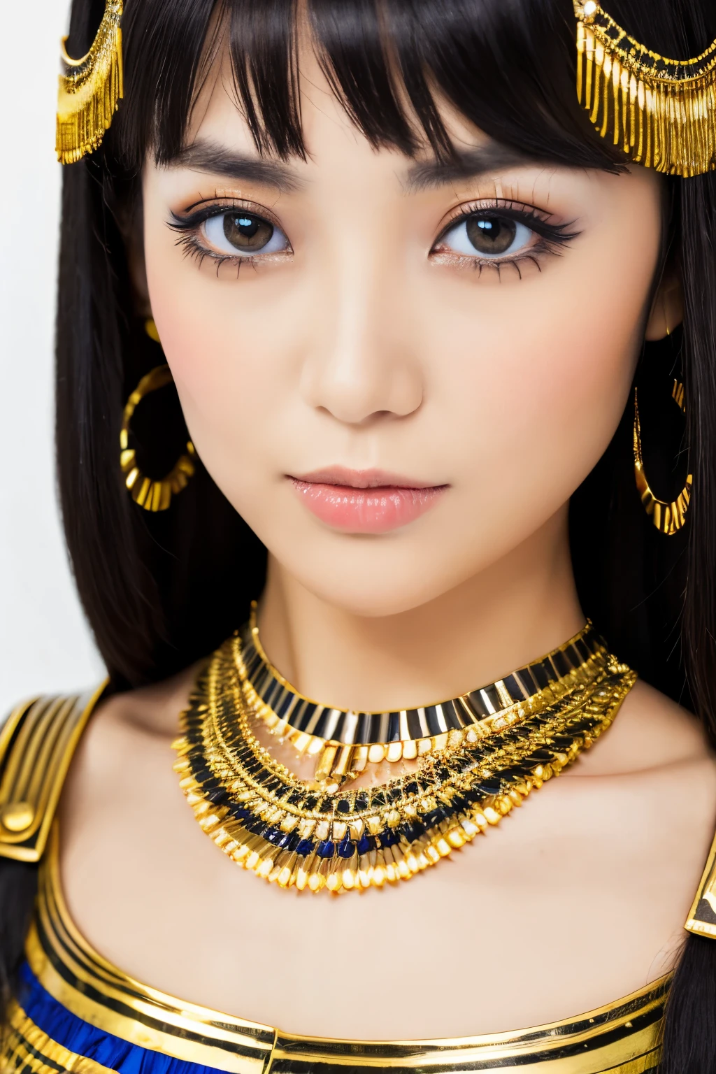 Obra maestra, alta calidad, alta resolución, 8k, Japonesa flaca disfrazada de Cleopatra, hermoso rostro, maquillaje de cleopatra, cara detallada, ojos detallados