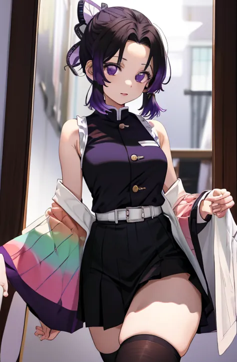 Kochou Shinobu, 1girl,masterpiece, multicolored hair,sleeveless, purple eyes, black jacket,black skirt,uniform, white haori, , h...