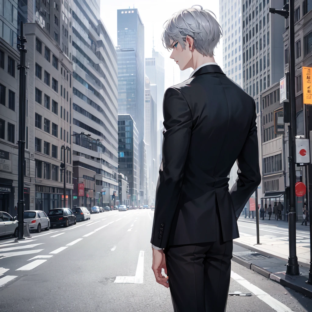 1boy, short grey hair, blue eyes, all black suit, city, absurdres, high res, ultrasharp, 8K, masterpiece, looking at viewer from behind smoking cigaettes